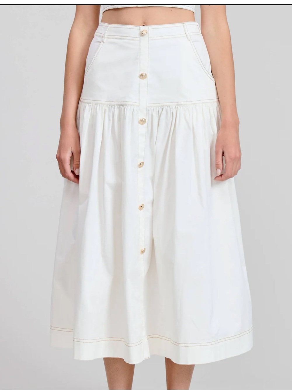 Button-Front White Midi Skirt with Subtle Gathering